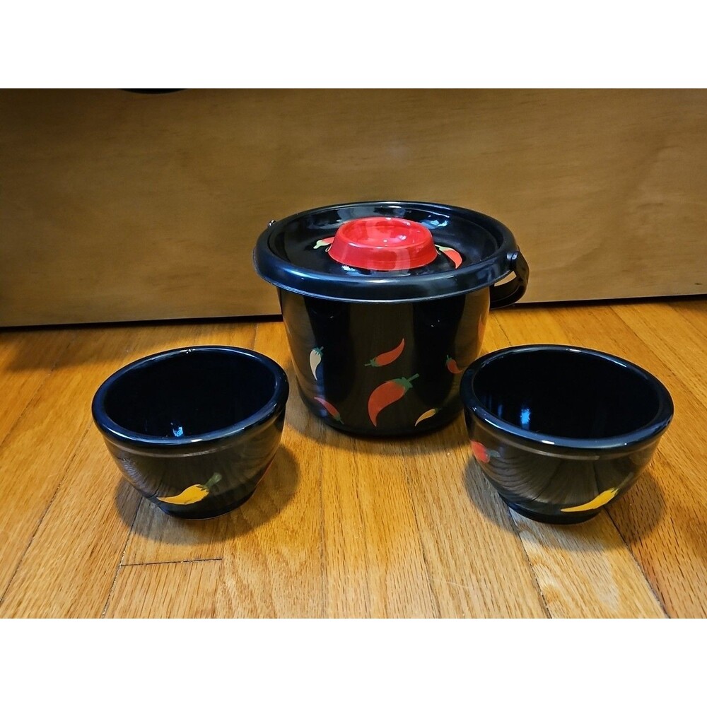 Vintage Y2k Black 4 piece Chip & Dip Serving Set Chili Pepper Design